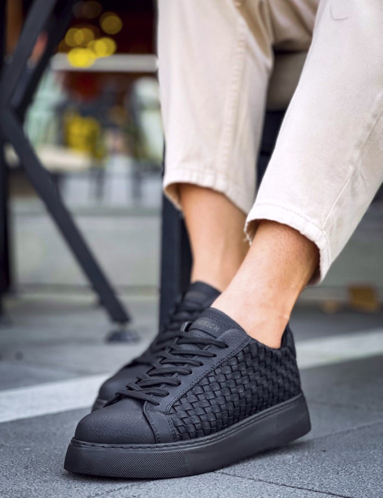 Ανδρικά μαύρα sneakers δερματίνη πλεκτό σχέδιο CH203 φωτογραφία